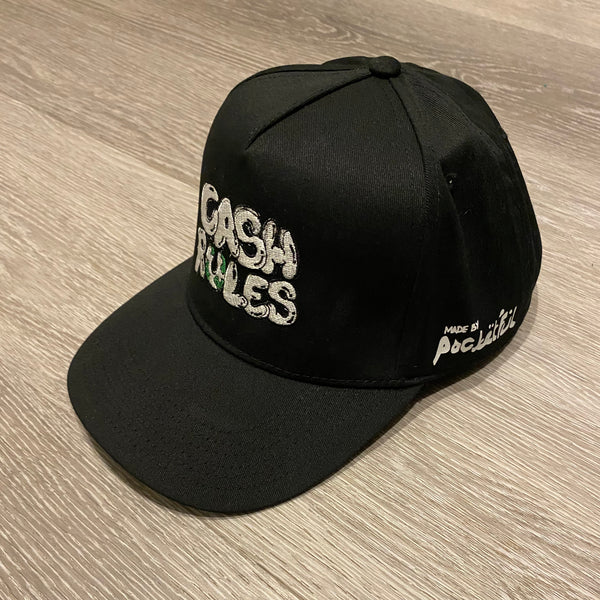 Cash Rules - Black SnapBack Hat - White Design