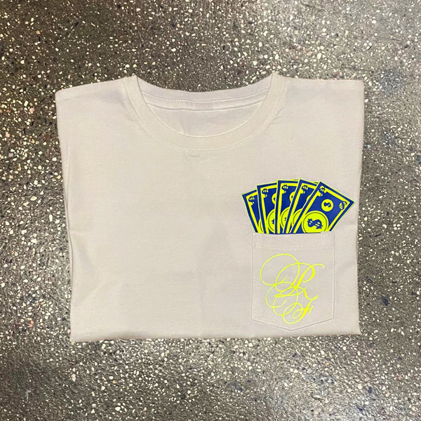 Classic - White Pocket Tee - Royal Blue/ Neon Yellow Design