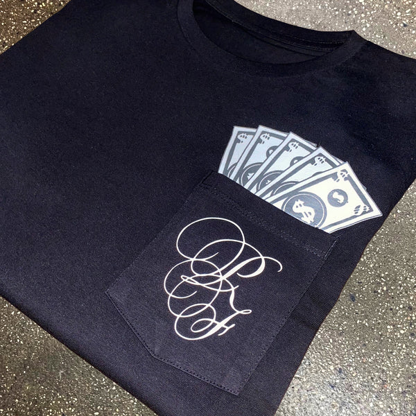 Classic - Black Pocket Tee - White/ Silver Design