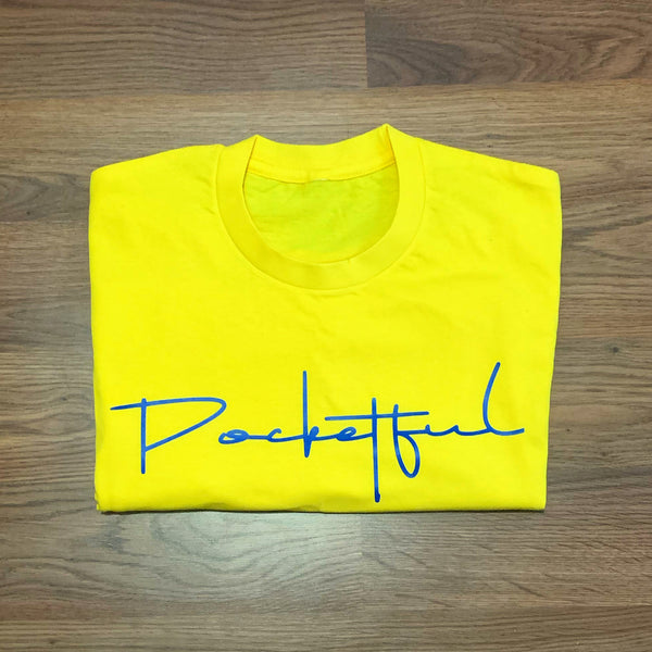 Script - Yellow T-Shirt - Royal Blue Design