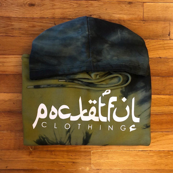 Arabic - Tie Dye (Olive/ Navy) Hoody - White Design