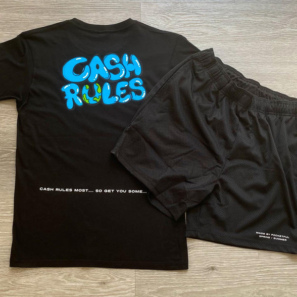 Cash Rules - Black Shortset - White/ Blue Design