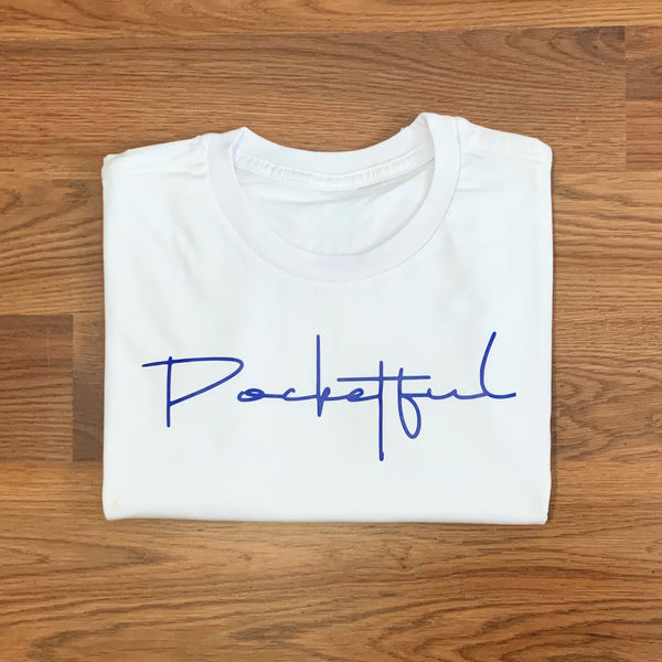 Script - White T-Shirt - Blue Design