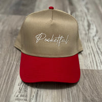 Script - Tan/ Red SnapBack Hat - White Design