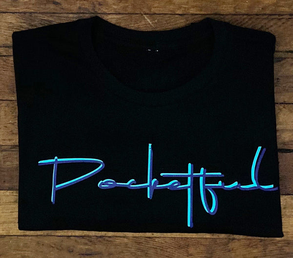 Script - Black T-Shirt - Teal/Purple Design