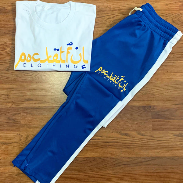 Arabic - White T-Shirt/ Royal Blue Track Pants Set - Gold/ Blue Design