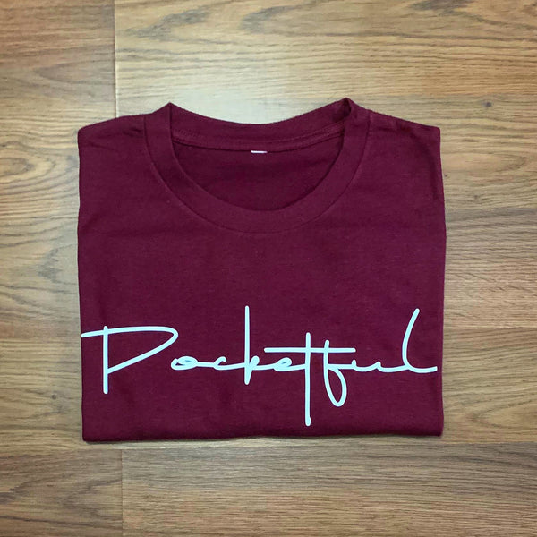 Script - Burgundy T-Shirt - White Design