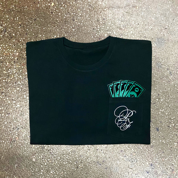 Classic - Black Pocket Tee - Green/ White Design