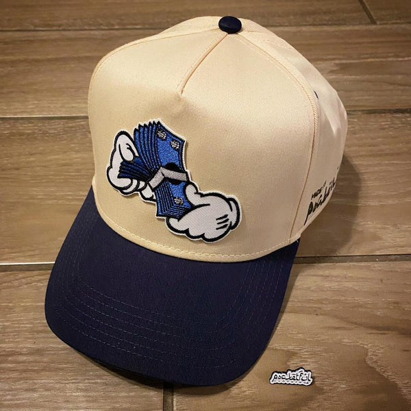 Money Hands Patch - Navy Blue/ Tan SnapBack Hat - Blue/ White Design