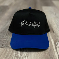 Script - Royal Blue/ Black SnapBack Hat - White Design