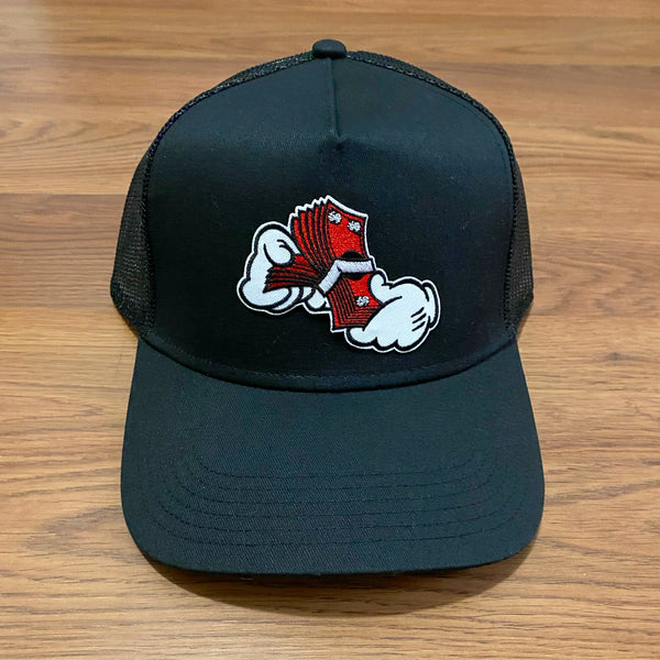 Money Hands Patch - Black Trucker Cap - Red Design