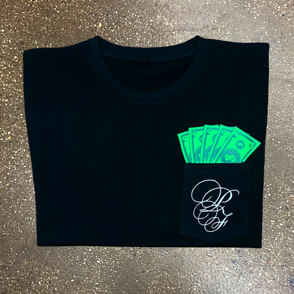 Classic - Black Pocket Tee - Green/ Forest Green/ White Design