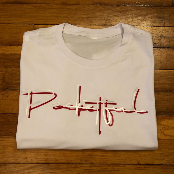 Script - White T-Shirt - Red/Silver Design