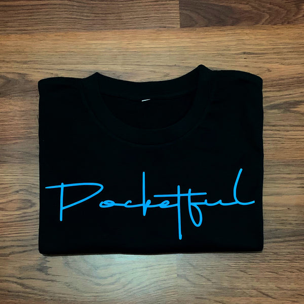 Script - Black T-Shirt - Sky Blue Design