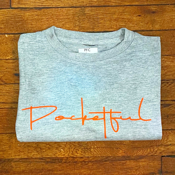 Script - Grey T-Shirt - Orange Design