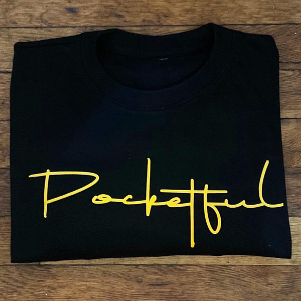 Script - Black T-Shirt - Yellow Design