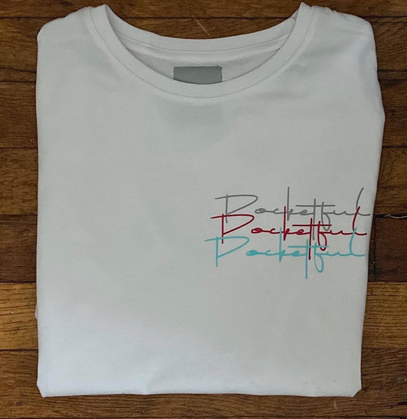 Script 3x - White T-Shirt - Grey/ Red/ Sky Blue Design