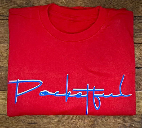 Script - Red T-Shirt - White/ Blue Design