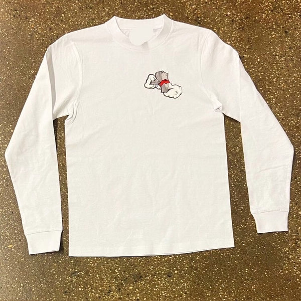 Money Hands - White Long Sleeve Tee - Grey/ White/ Red Design