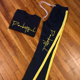 Script  - Navy Blue T-Shirt/ Track Pants Set - Neon Yellow Design