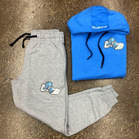 Money Hands - Sky Blue Hoody/ Grey Sweats/ Black Strings - Sky Blue/ White Design