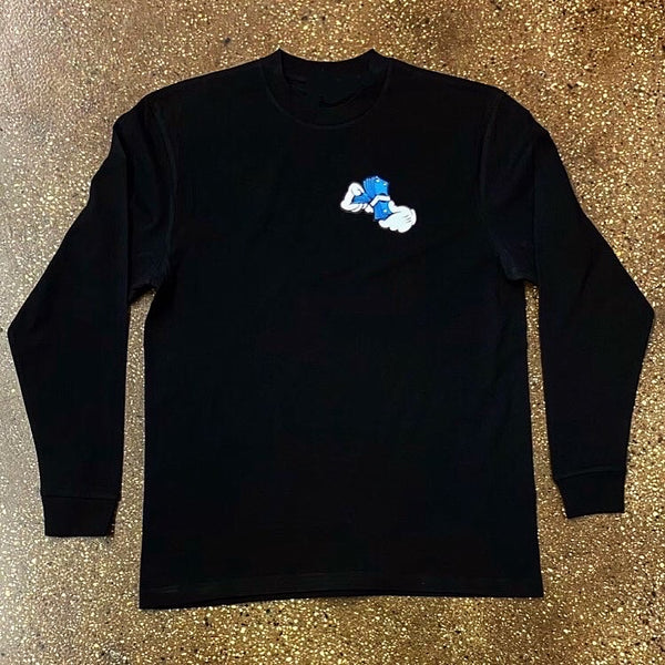 Money Hands - Black Long Sleeve Tee - White/ Blue Design