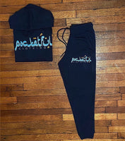 Arabic - Navy Blue Sweatsuit - Sky Blue/ Ice Blue/ Orange Design