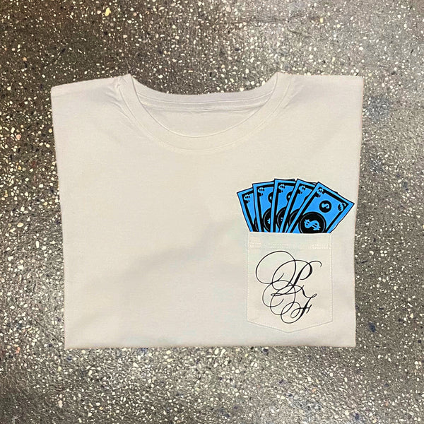 Classic - White Pocket Tee - Sky Blue/ Black Design