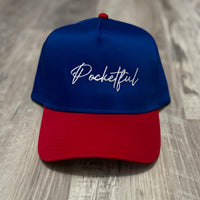 Script - Royal Blue/ Red SnapBack Hat - White Design