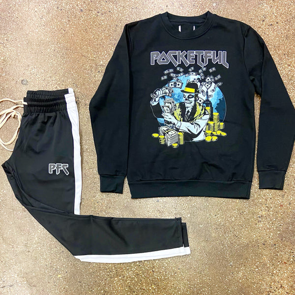 PF Maiden - Black Crewneck/ Black Track Pants set - Black/ Grey Design