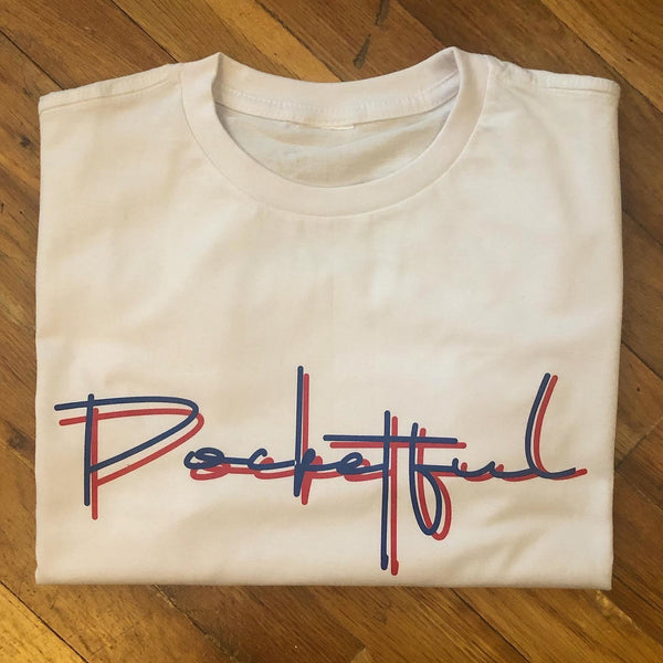 Script - White T-Shirt - Royal Blue/Red Design