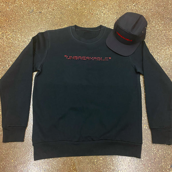 UNBREAKABLE - Black Crewneck - Red/ Black Flocked Design