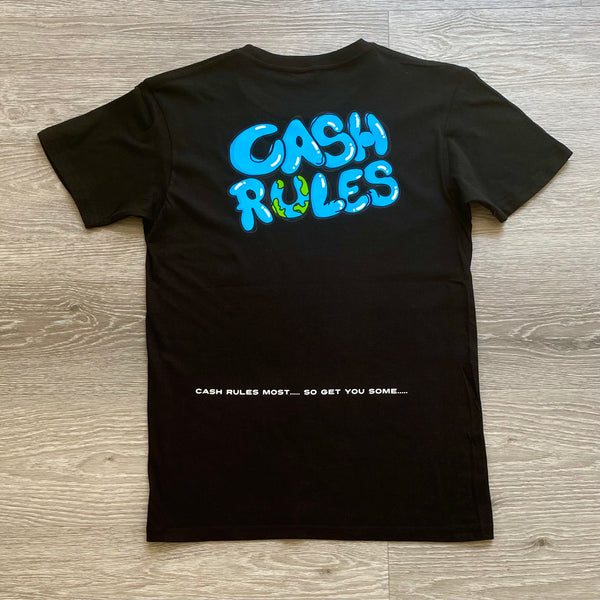 Cash Rules - Black T-Shirt - White/ Blue Design