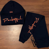 Script - Navy Blue Sweatsuit- Orange/ White Design